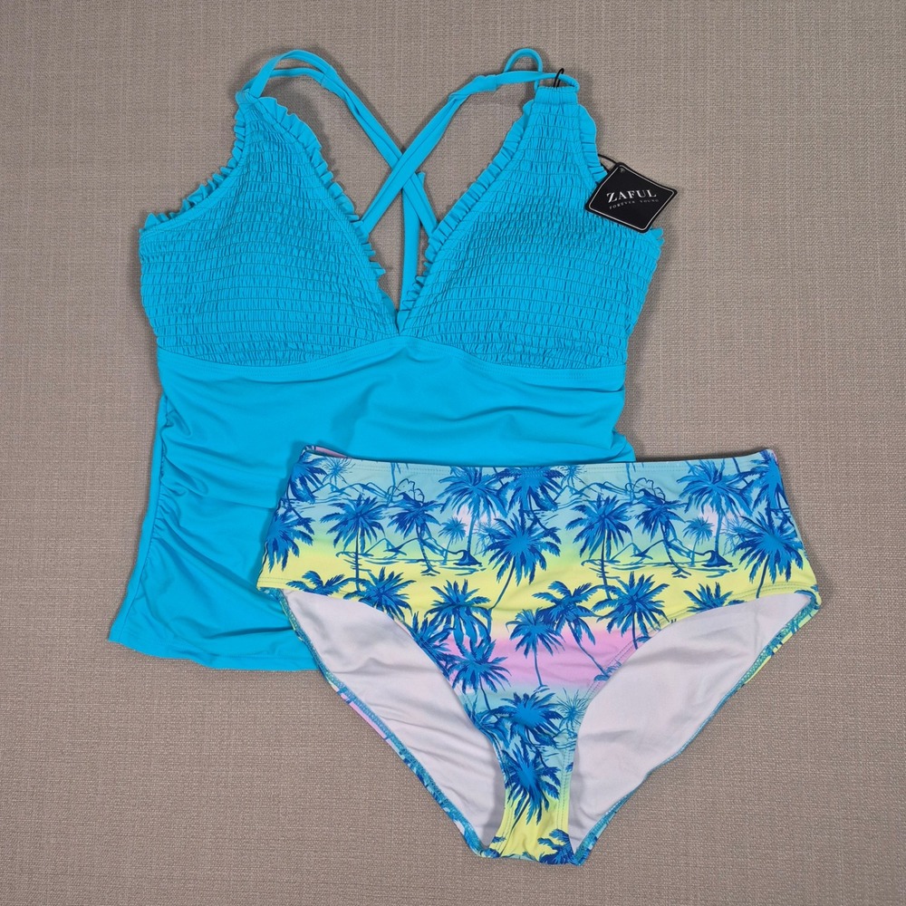 Zaful Women Blue Smocked Ruffle Tankini Set Tropical Palm Print 2XL NWT